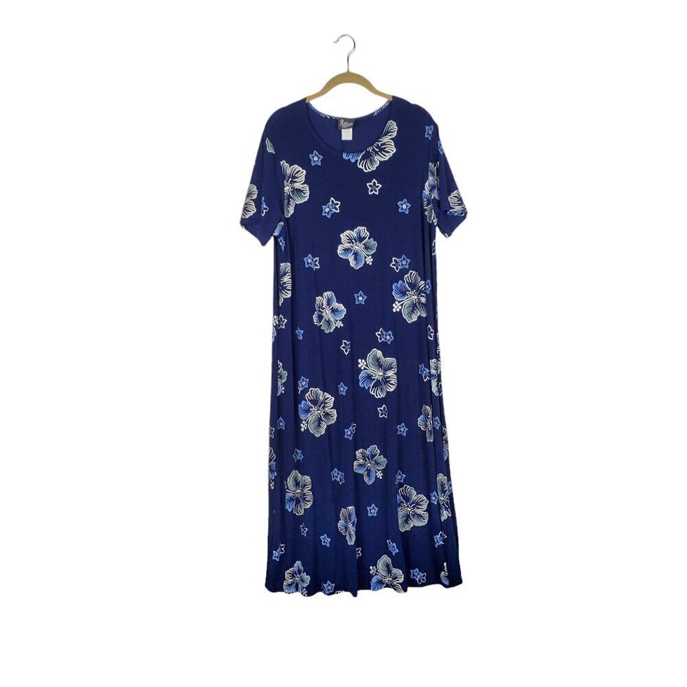 Royal Creations Hawaiian Slinky Knit Midi Dress Navy Blue Short Sleeve Women 2X